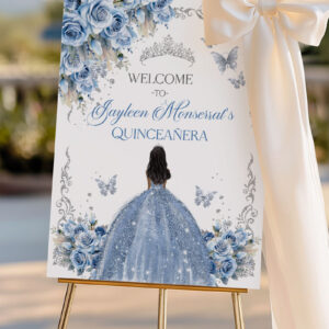 Royal Baby Blue Quinceañera Welcome Sign Template | Silver Crown & Elegant Floral Butterflies | Editable Party Decor | Printable EDITABLE TEMPLATE Mis Quince Girl 15 16th Birthday Butterflies INSTANT Download