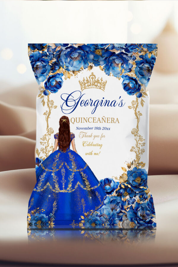 Royal Blue Gold Quinceañera Party Bundle | Princess Floral Design & Gold Glitter | Editable Sweet 16 Decor Set - Image 3