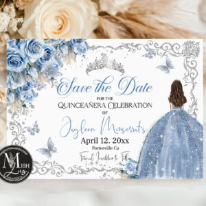 Elegant Quinceanera Save the Date | Baby Blue Floral & Silver Crown Design | 7x5 DIY Invitation | Mis Quince 15th & Sweet 16 Decor