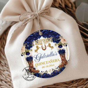 Rustic Country Western Quinceañera Labels | Navy Blue Floral & Cowboy Boots | Editable Round Sweet 16 Stickers