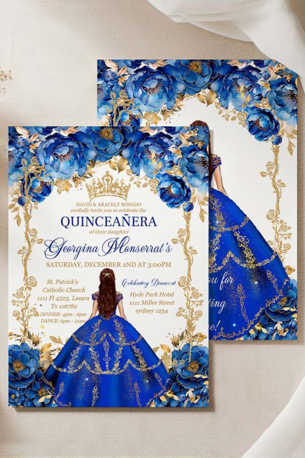 Royal Blue Gold Quinceañera Party Bundle | Princess Floral Design & Gold Glitter | Editable Sweet 16 Decor Set - Image 2