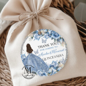 Baby Blue Floral Circle Round Quinceanera Labels, Elegant Butterflies & Crown Sticker, Sweet 16 Printable