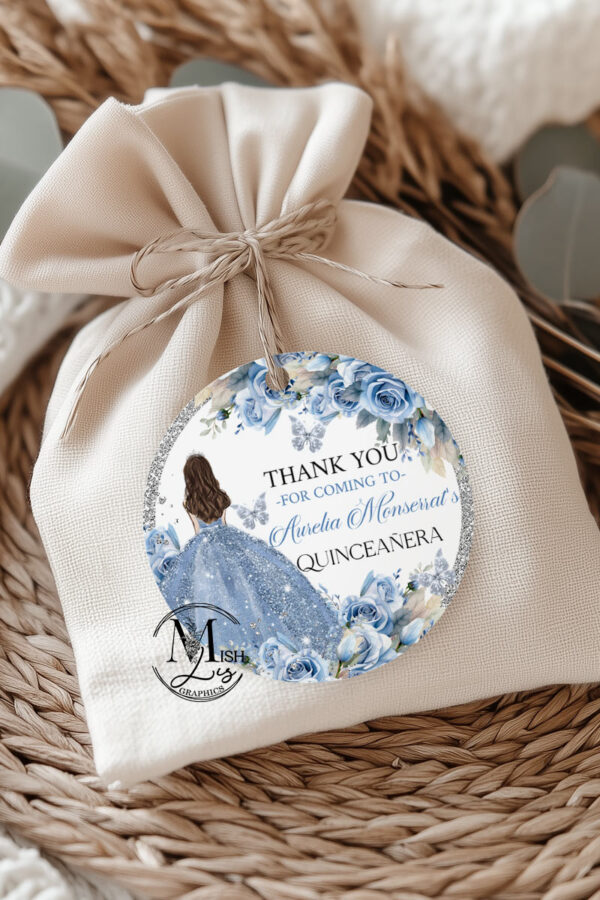 Baby Blue Floral Circle Round Quinceanera Labels, Elegant Butterflies & Crown Sticker, Sweet 16 Printable