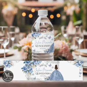 Regal Roses Quinceanera Bottle Labels with Baby Blue Floral Design - Butterflies and Crown, Water Bottle Labels