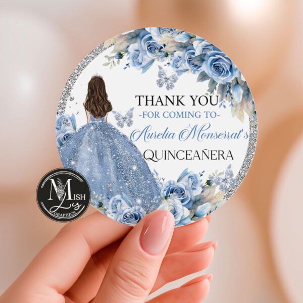 Baby Blue Floral Circle Round Quinceanera Labels, Elegant Butterflies & Crown Sticker, Sweet 16 Printable - Image 2