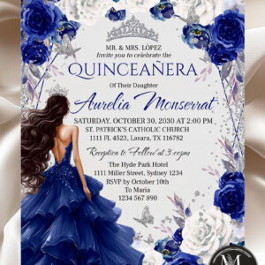 Elegant Royal Blue & Silver Quinceañera Invitation | Glitter Dress and Silver Crown | Editable Mis Quince 15 Party Template