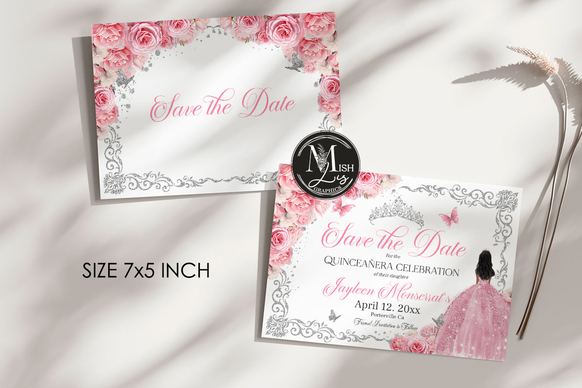 Pink Rose Floral Quinceañera Save the Date | Silver Butterflies and Silver Crown | Mis Quince 15 Anos Birthday EDITABLE Instant Download - Image 2