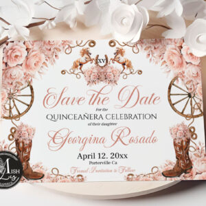 Rustic Country Western Quinceañera Save the Date, Rose Gold Floral & Cowboy Boots Mis Quince 15 Anos Birthday EDITABLE Instant Download