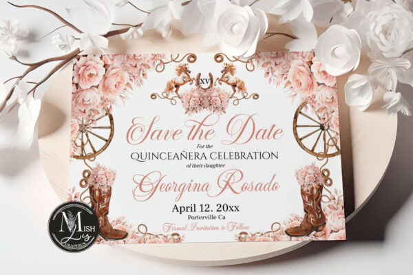 Rustic Country Western Quinceañera Save the Date, Rose Gold Floral & Cowboy Boots Mis Quince 15 Anos Birthday EDITABLE Instant Download - Image 3