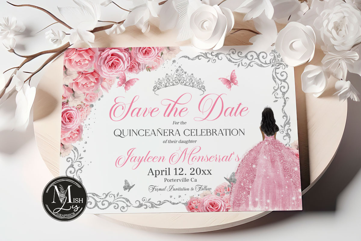 Pink Rose Floral Quinceañera Save the Date | Silver Butterflies and Silver Crown | Mis Quince 15 Anos Birthday EDITABLE Instant Download - Image 3