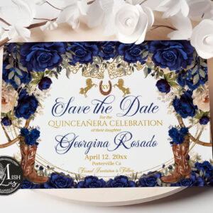 Rustic Country Western Quinceañera Invitation | Navy Blue Floral & Cowboy Boots Mis Quince 15 Anos Birthday EDITABLE Instant Download