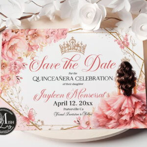 Editable Quinceañera Save the Date Pink Rose Floral with Silver Butterflies, Glitter Dress & Gold Crown, Mis Quince 15 Anos