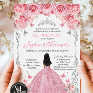 Editable Pink and Silver Quinceañera Invitation | Silver Crown Invite | Floral Mis Quince Anos | Sweet 16 Birthday Girl Tiara