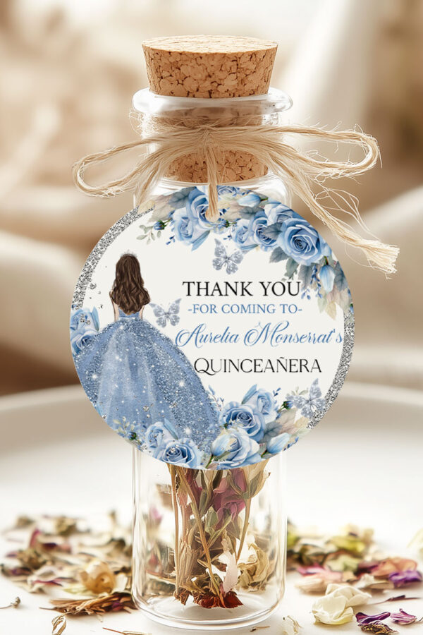 Baby Blue Floral Circle Round Quinceanera Labels, Elegant Butterflies & Crown Sticker, Sweet 16 Printable - Image 4