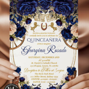 Rustic Country Western Quinceañera Invitation | Navy Blue Floral & Cowboy Boots, Editable Sweet 16 Mis Quince Template