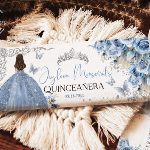 Butterflies and Crown Candy Bar Wrappers - Royal Quinceanera Baby Blue Floral Design - Fits 1.55 oz & 40 g Candy Bar