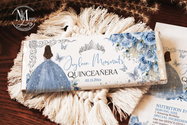 Butterflies and Crown Candy Bar Wrappers - Royal Quinceanera Baby Blue Floral Design - Fits 1.55 oz & 40 g Candy Bar