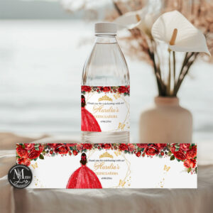 Red Roses Quinceañera Water Bottle Labels