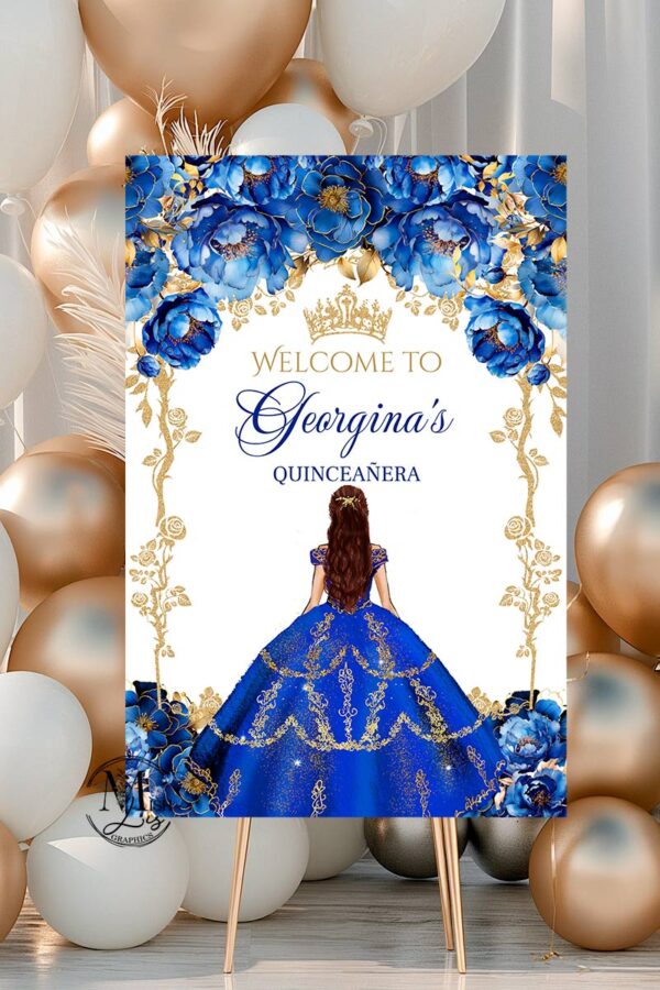 Royal Blue Gold Quinceañera Party Bundle | Princess Floral Design & Gold Glitter | Editable Sweet 16 Decor Set - Image 9
