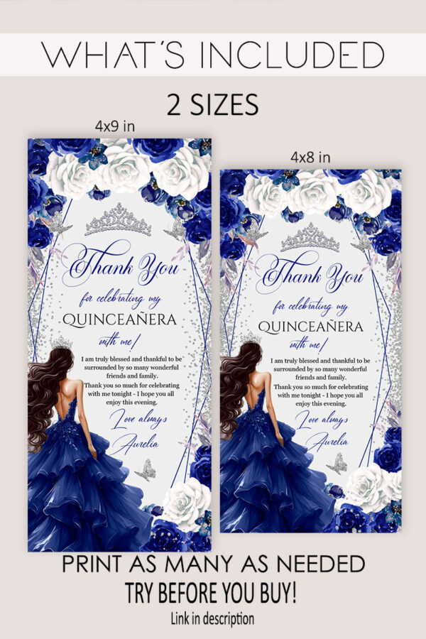 Royal Blue & Silver Quinceañera Thank You Card | Floral Butterflies & Glitter Dress | Editable Mis Quince 15th Note - Image 3