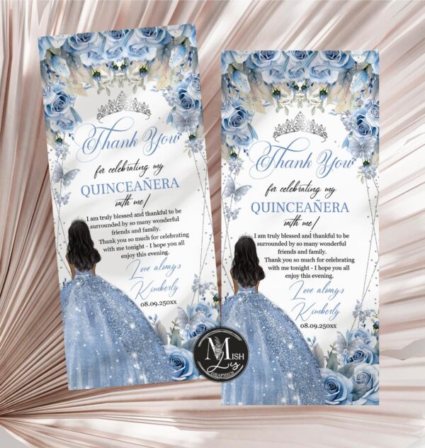 Baby Blue Quinceañera Thank You Card | Floral Butterflies and Crown - Image 3