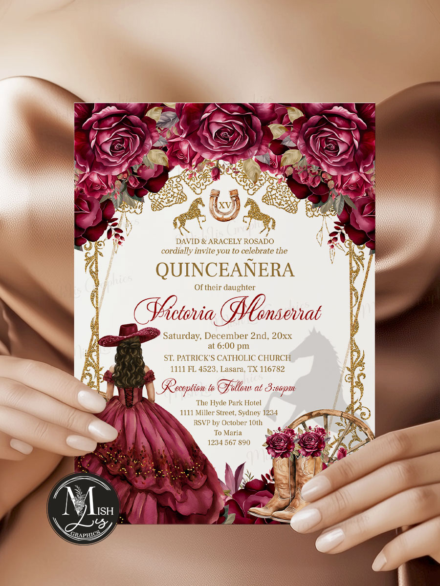 Burgundy Gold Quinceañera Invitation