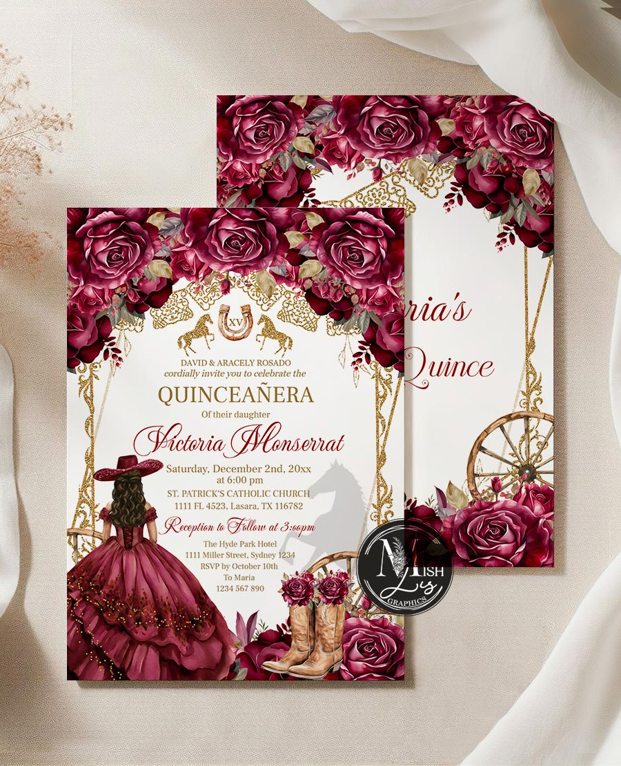 Burgundy Gold Quinceañera Invitation