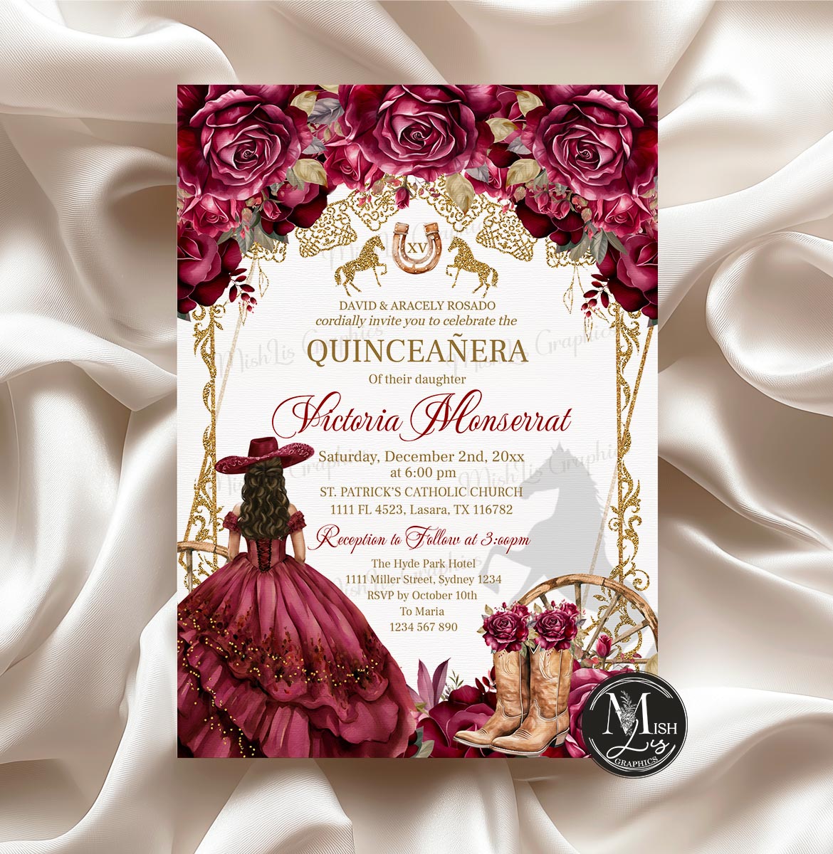 Burgundy Gold Quinceañera Invitation
