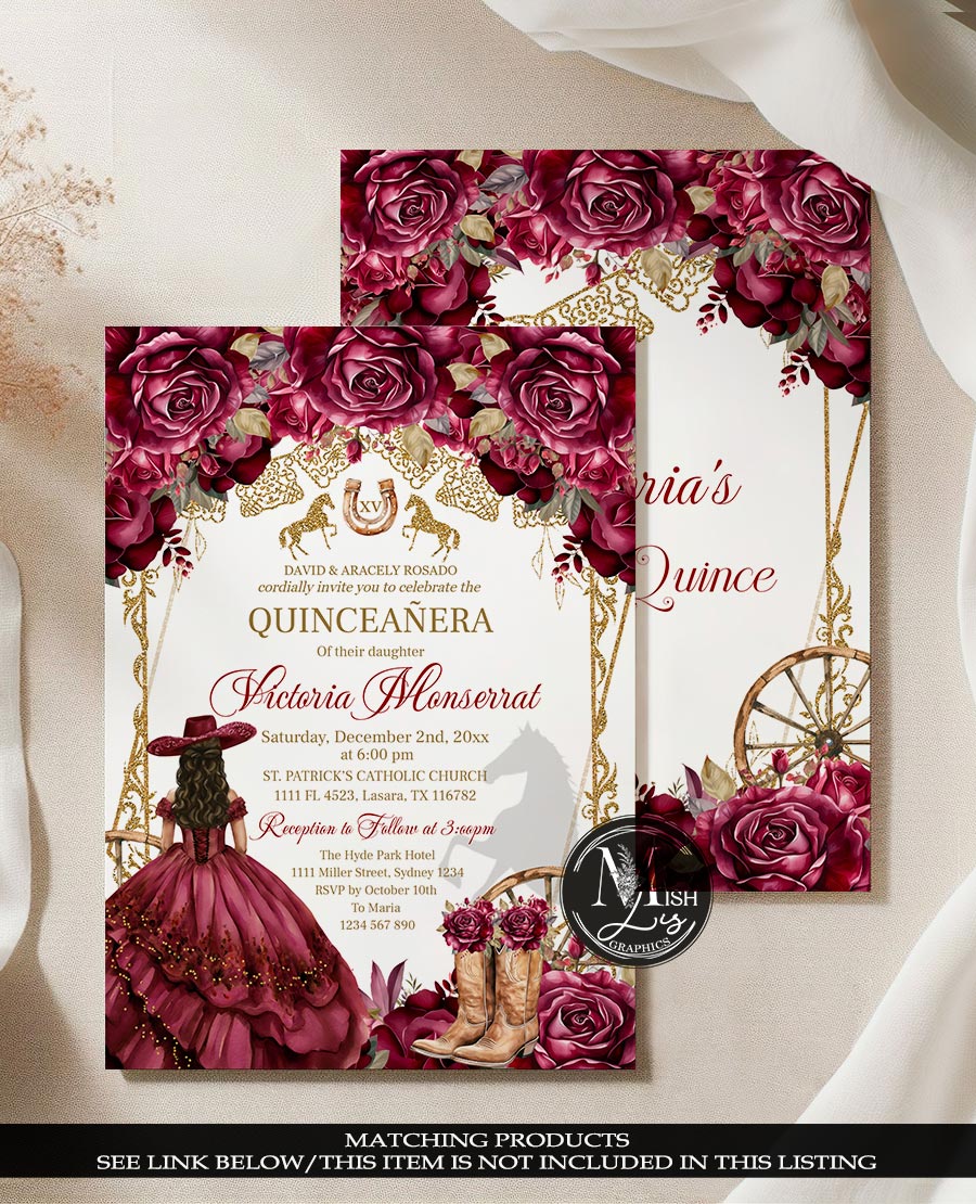 Burgundy Gold Quinceañera Invitation