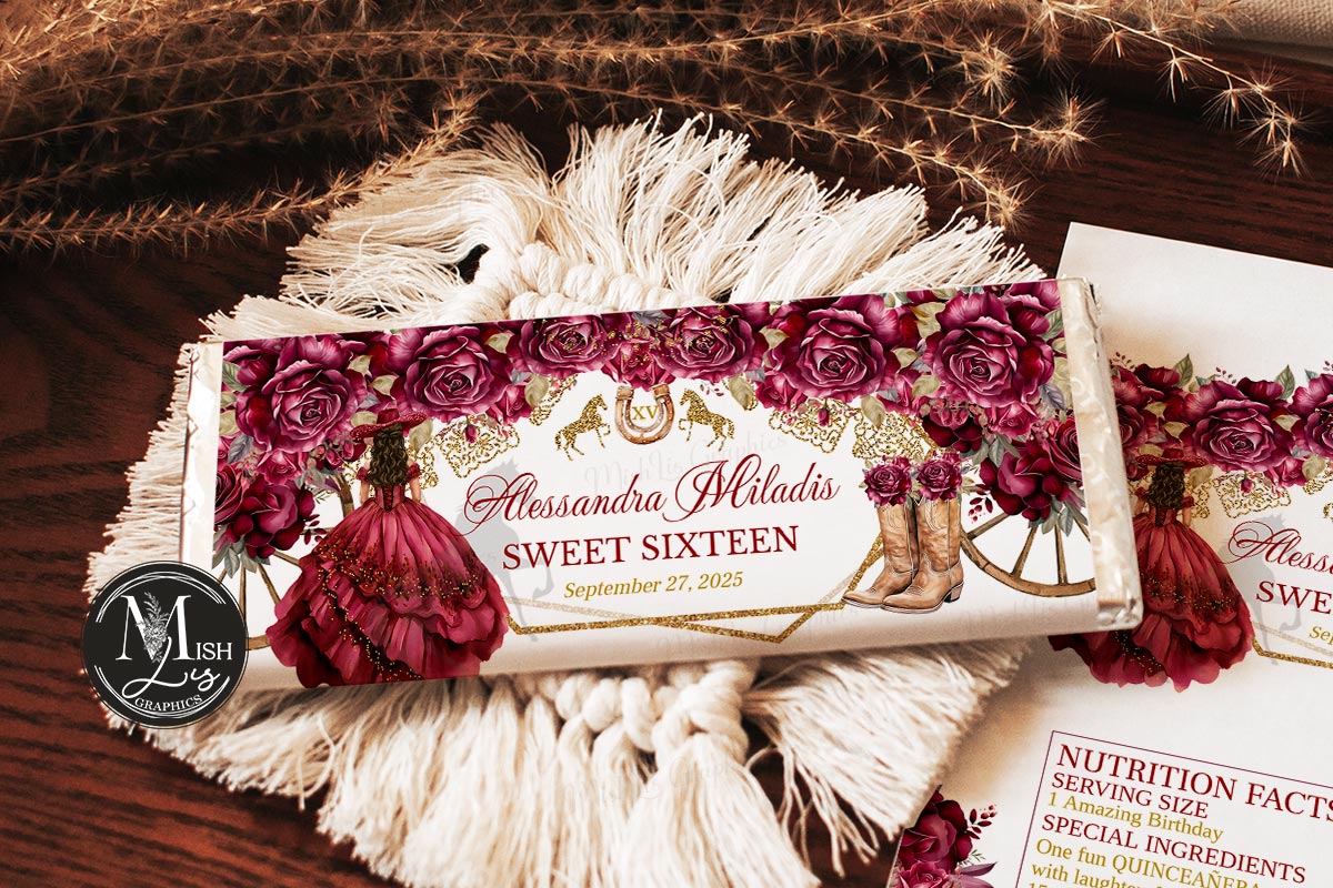 Burgundy Roses Quinceañera Chocolate Bar Wrappers
