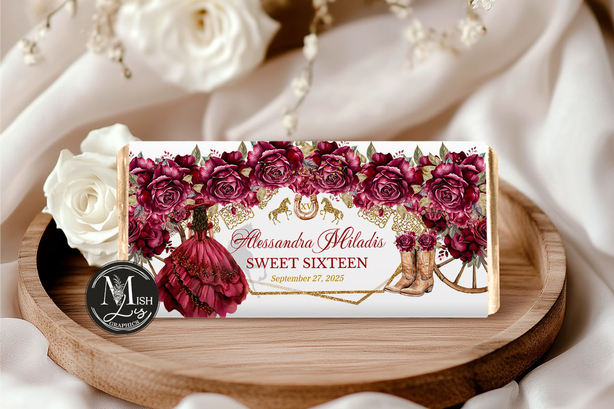 Burgundy Roses Quinceañera Chocolate Bar Wrappers