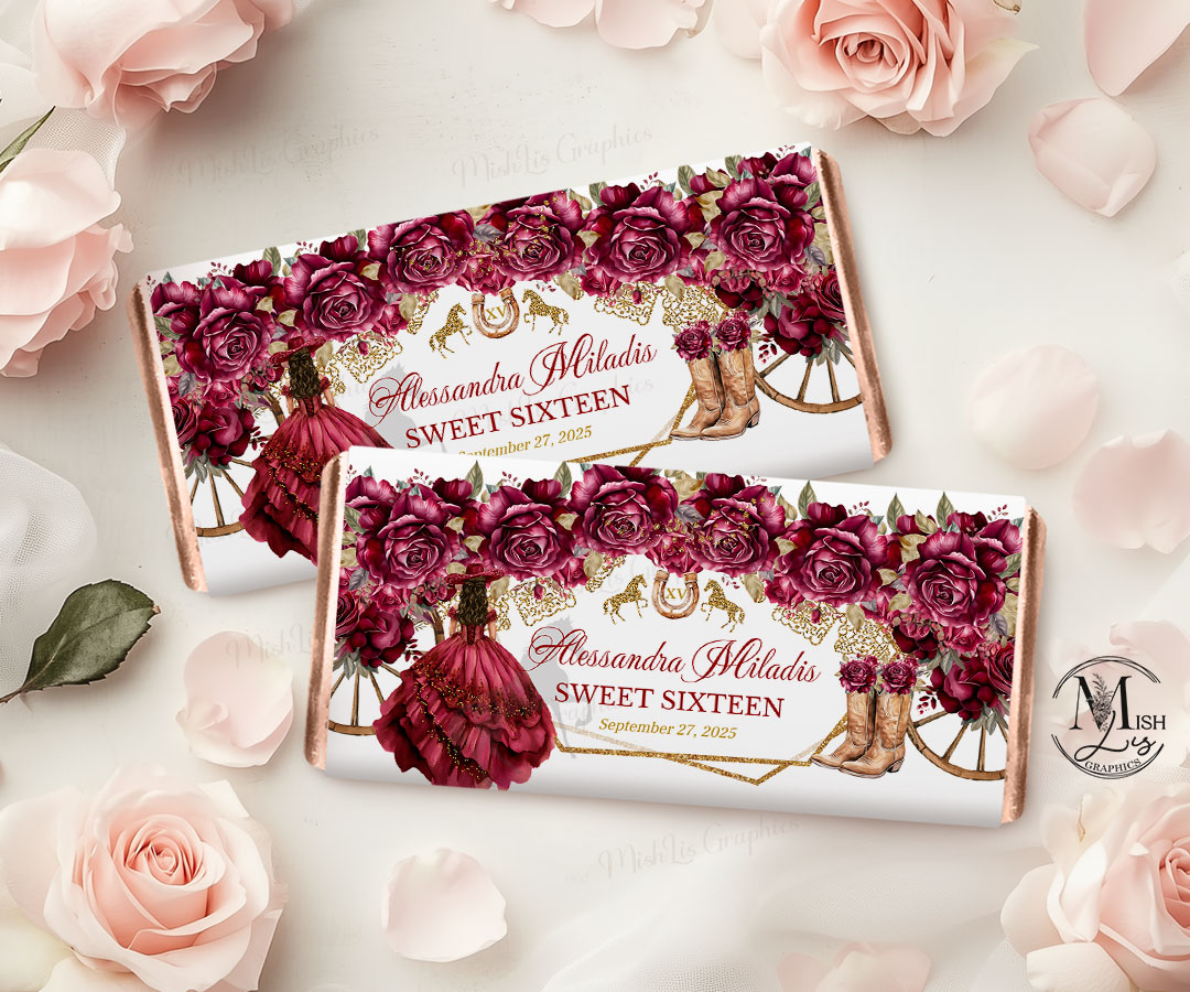 Burgundy Roses Quinceañera Chocolate Bar Wrappers