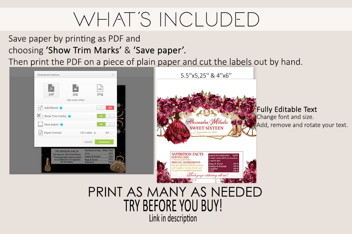 Burgundy Roses Quinceañera Chocolate Bar Wrappers | Gold Tiara - Image 4