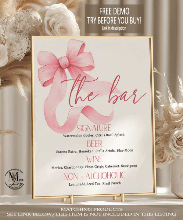 Girl Baby Shower Drinks Menu with Pink Bow Editable Template