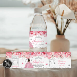 Pink Roses Silver Quinceañera Water Bottle Labels