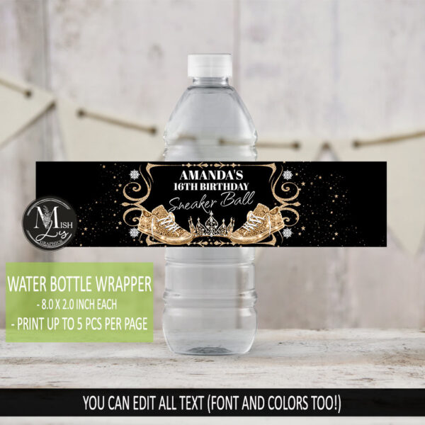 Royal Black & Gold Sneakers Water Bottle Labels