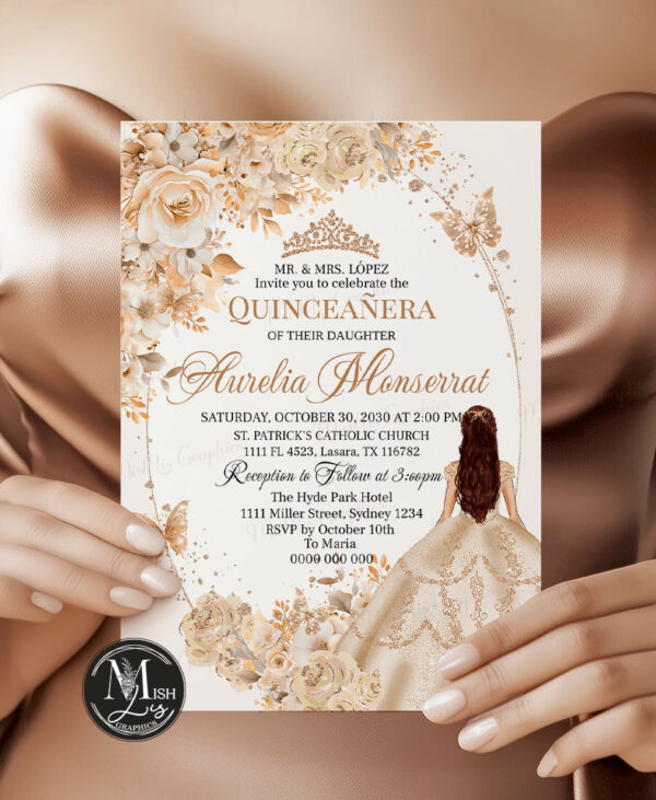 Beige Champagne Quinceañera Invitation