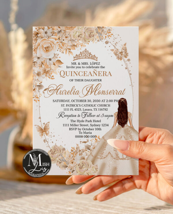 Beige Champagne Quinceañera Invitation