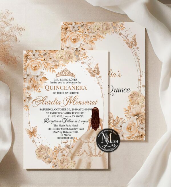 Beige Champagne Quinceañera Invitation