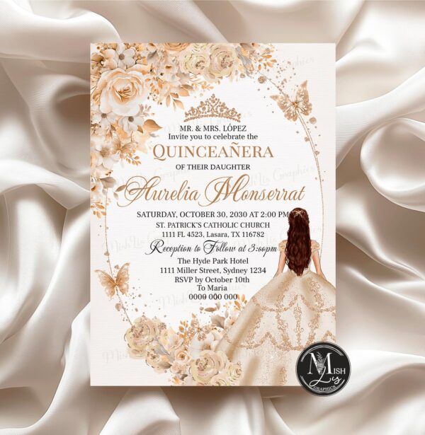 Beige Champagne Quinceañera Invitation