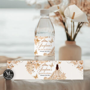 Beige Champagne Quinceañera Water Bottle Labels