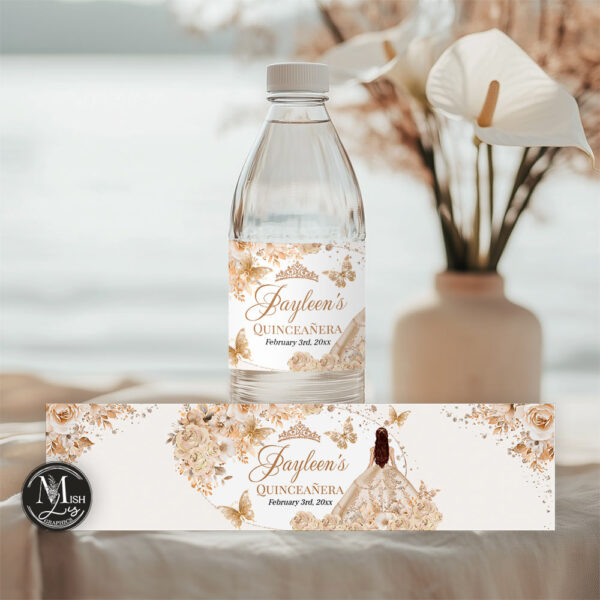 Beige Champagne Quinceañera Water Bottle Labels