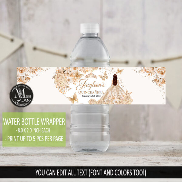 Beige Champagne Quinceañera Water Bottle Labels