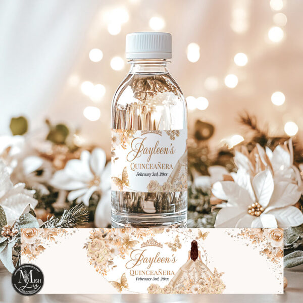 Beige Champagne Quinceañera Water Bottle Labels