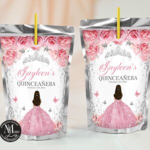 Pink Roses Quinceañera Juice Pouch Labels