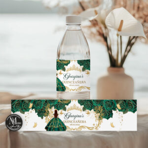 Emerald Green Quinceañera Labels with Floral Design