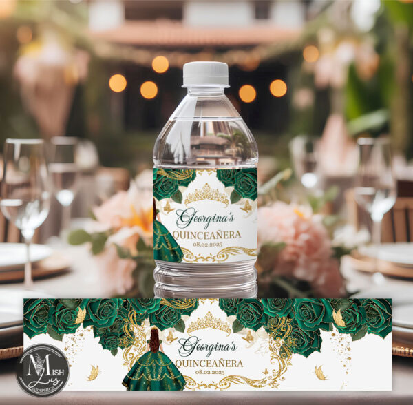 Emerald Green Quinceañera Labels with Floral Design