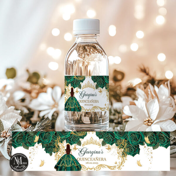 Emerald Green Quinceañera Labels with Floral Design