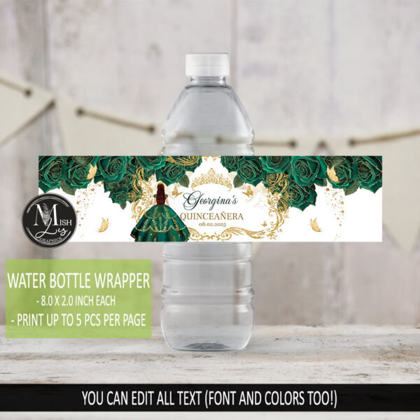 Emerald Green Quinceañera Labels with Floral Design