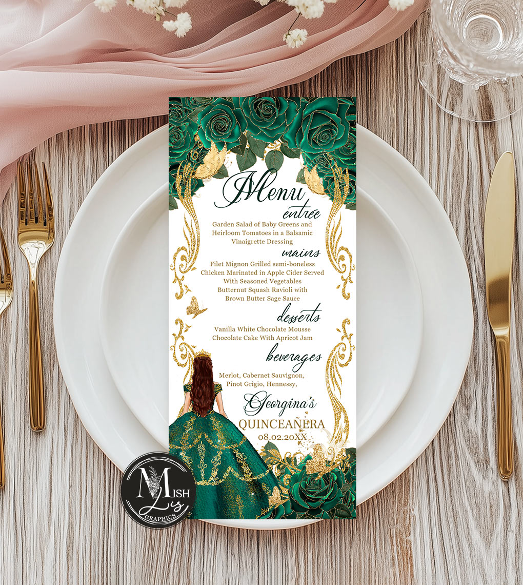 emerald-green-quinceanera-menu-card